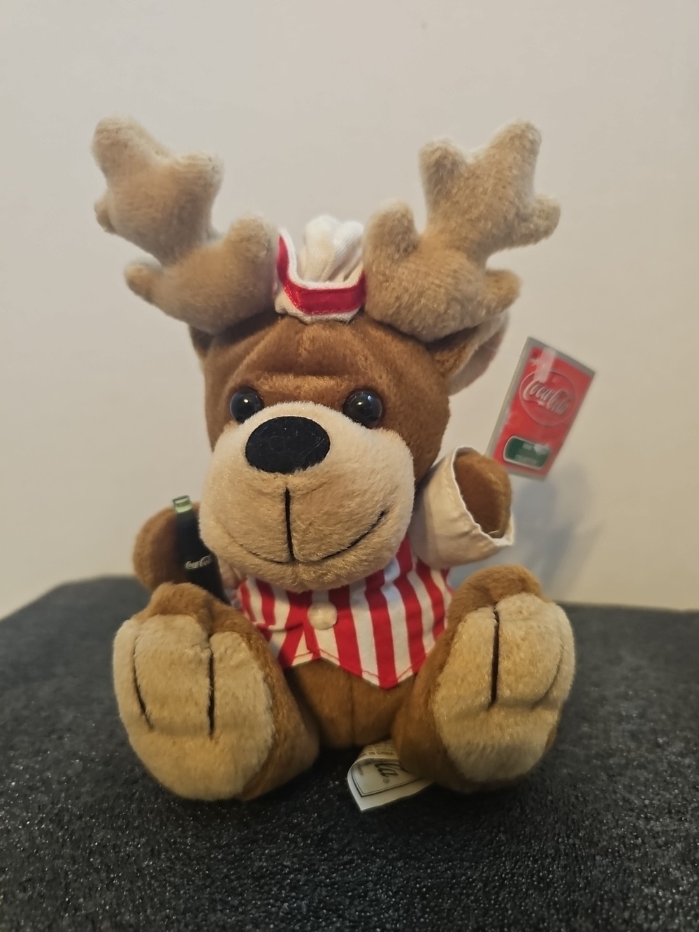 Coca Cola Brown Reindeer Plush with Red-White Striped Scarf